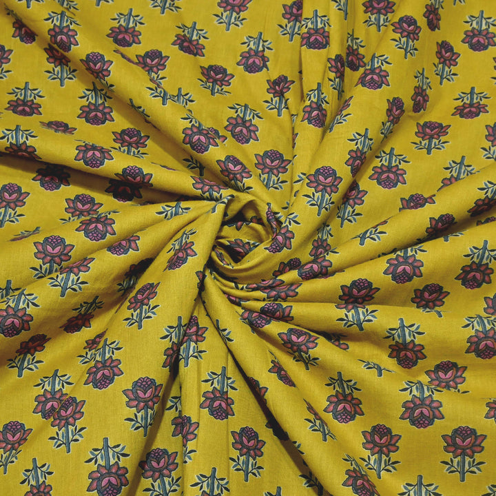 Vintage Yellow Cotton Printed Fabric
