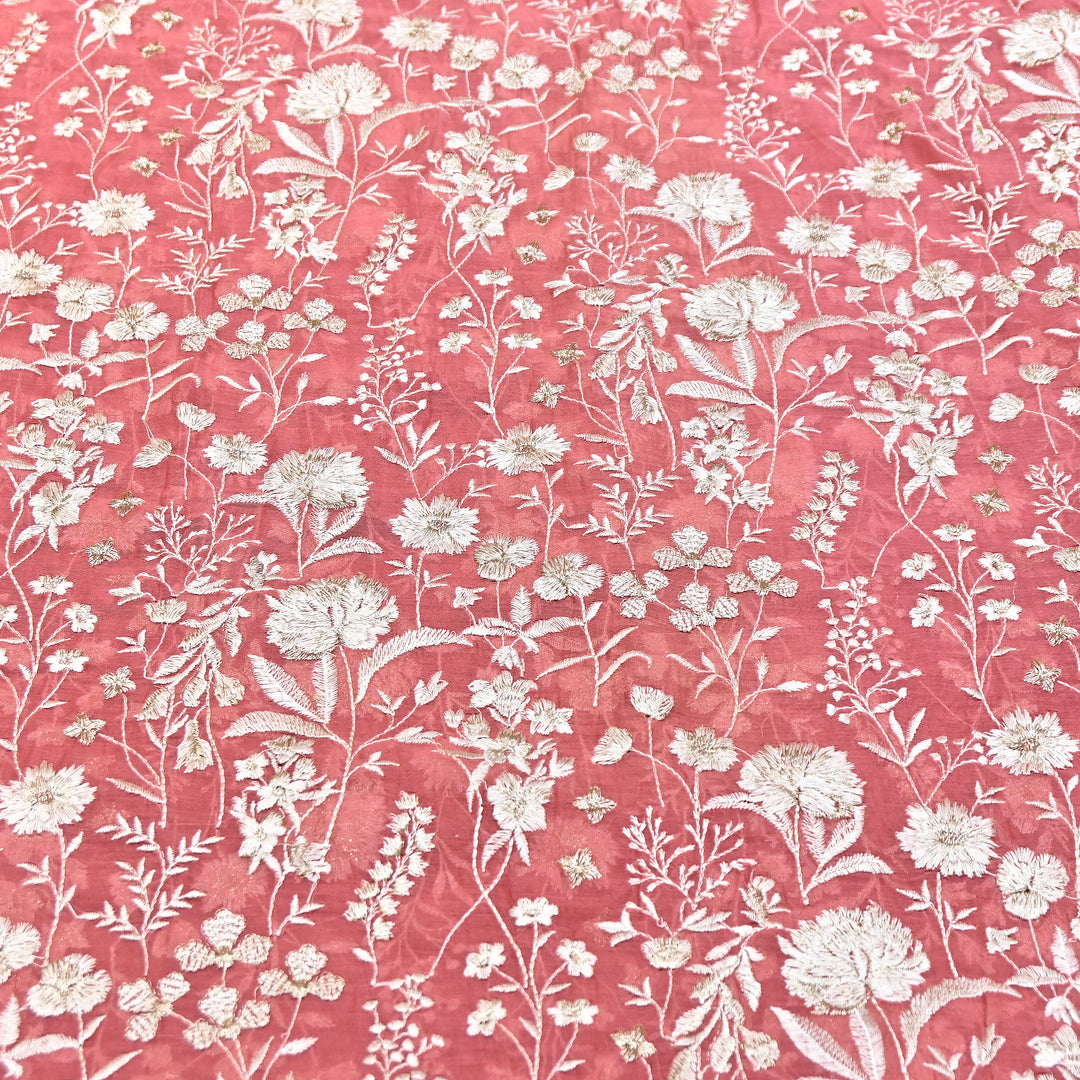 Peach Pink Color Mul Chanderi Thread Embroidery Fabric – Soft Lightweight Designer Fabric- SW2653-2