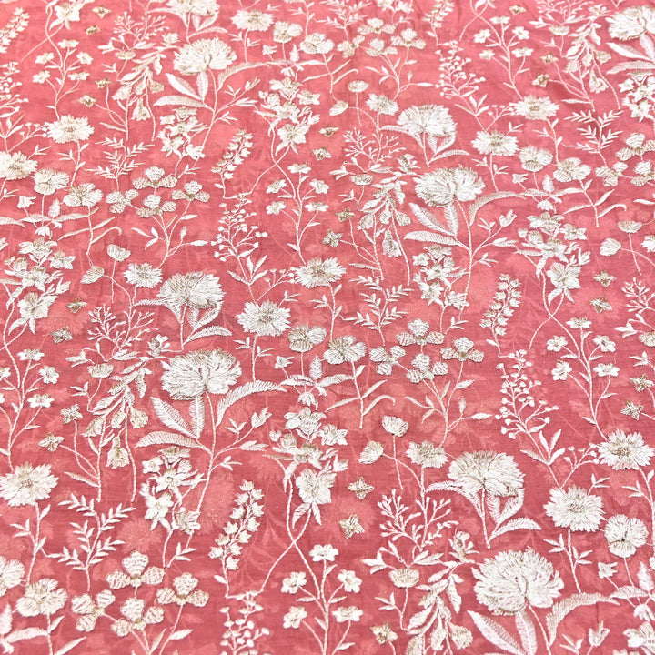 Peach Pink Color Mul Chanderi Thread Embroidery Fabric – Soft Lightweight Designer Fabric- SW2653-2