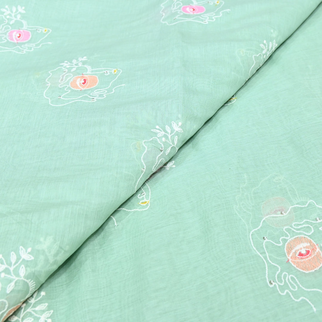 Sea Blue Mul Chanderi Fabric with allover sequence Thread Embroidery.