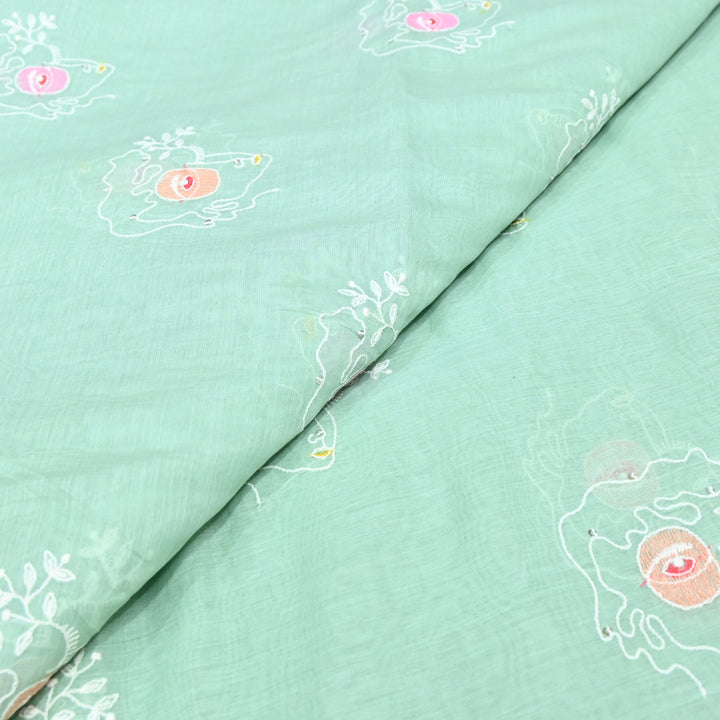 Sea Blue Mul Chanderi Fabric with allover sequence Thread Embroidery.