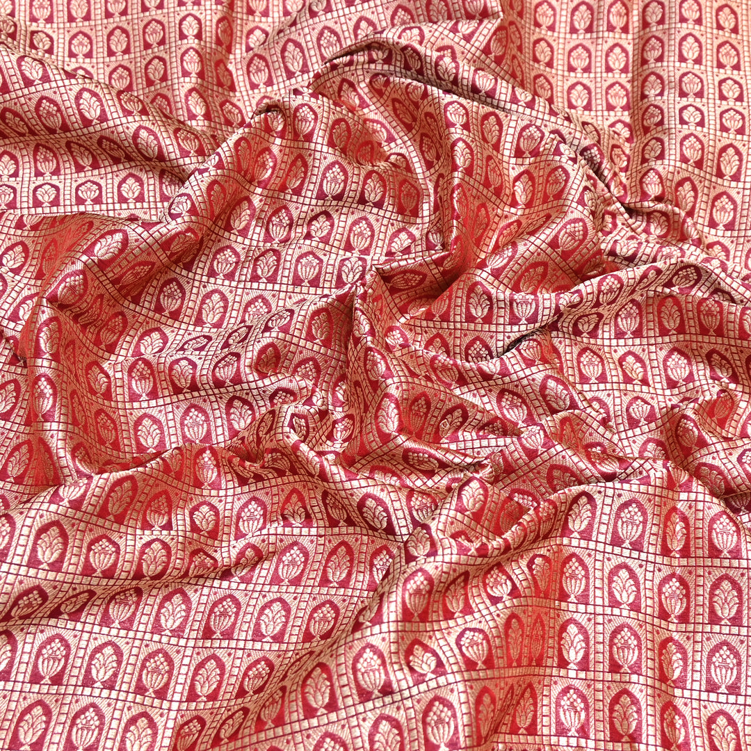 Red Color Pure Silk Alfi Zari Brocade Fabric 44" – Luxury Traditional Designer Fabric ZTF001-2