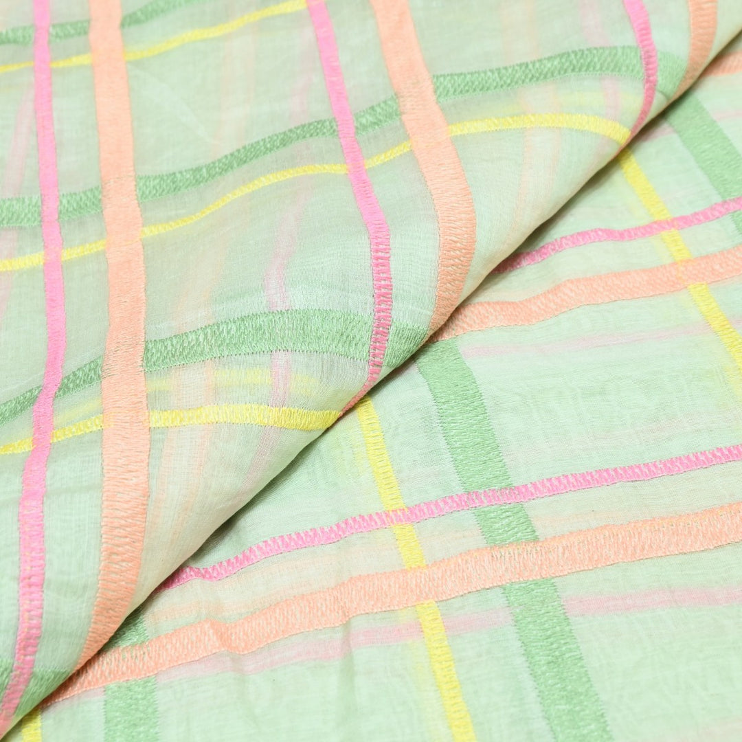 Lime Green Color Mul Chanderi Thread Embroidery Fabric – Soft Lightweight Designer Fabric-V2189C-3