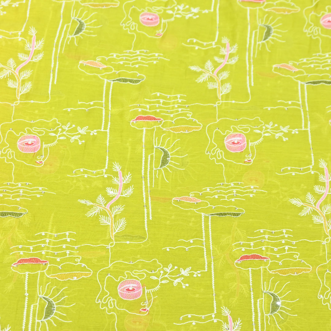 Lime Green Mul Chanderi Fabric with allover Sequins Thread Embroidery