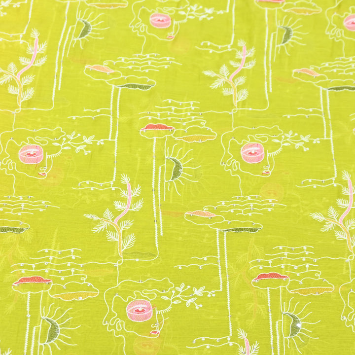 Lime Green Mul Chanderi Fabric with allover Sequins Thread Embroidery