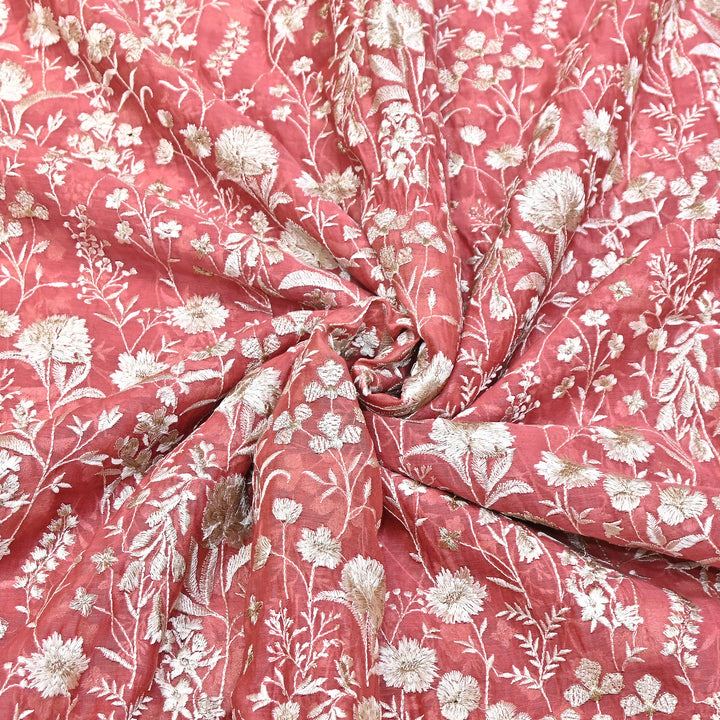 Peach Pink Color Mul Chanderi Thread Embroidery Fabric – Soft Lightweight Designer Fabric- SW2653-2