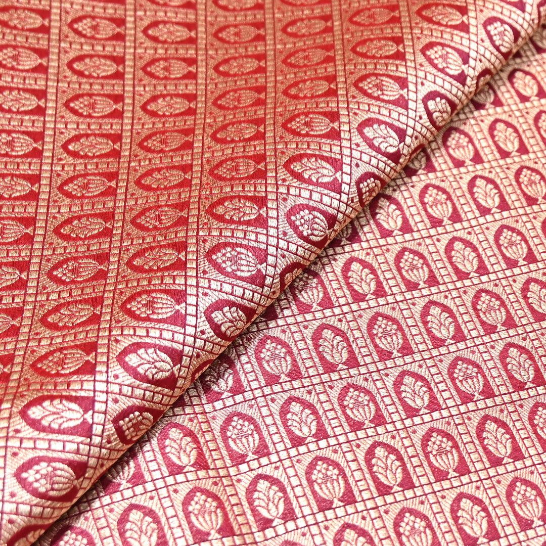 Red Color Pure Silk Alfi Zari Brocade Fabric 44" – Luxury Traditional Designer Fabric ZTF001-2
