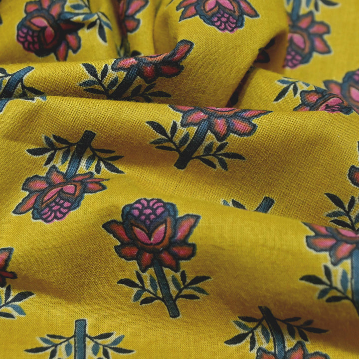 Vintage Yellow Cotton Printed Fabric