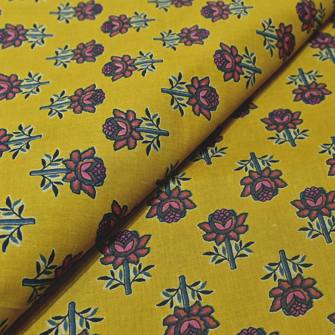 Vintage Yellow Cotton Printed Fabric