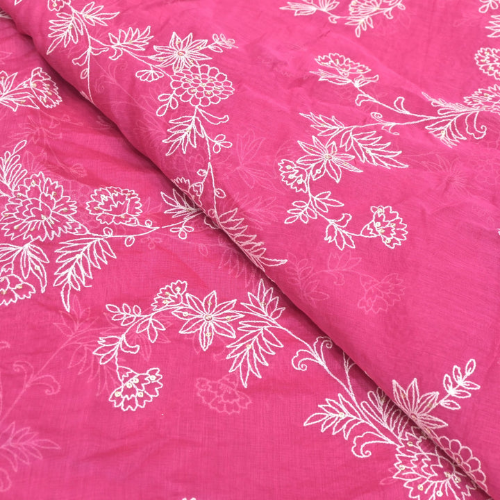 Cotton Chanderi Thread With Sequins Embroidery Fabric