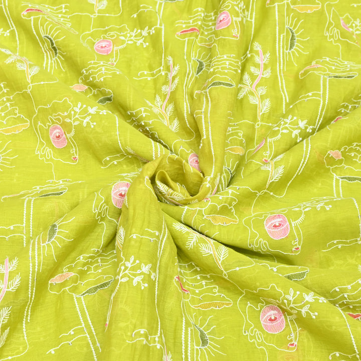 Lime Green Mul Chanderi Fabric with allover Sequins Thread Embroidery