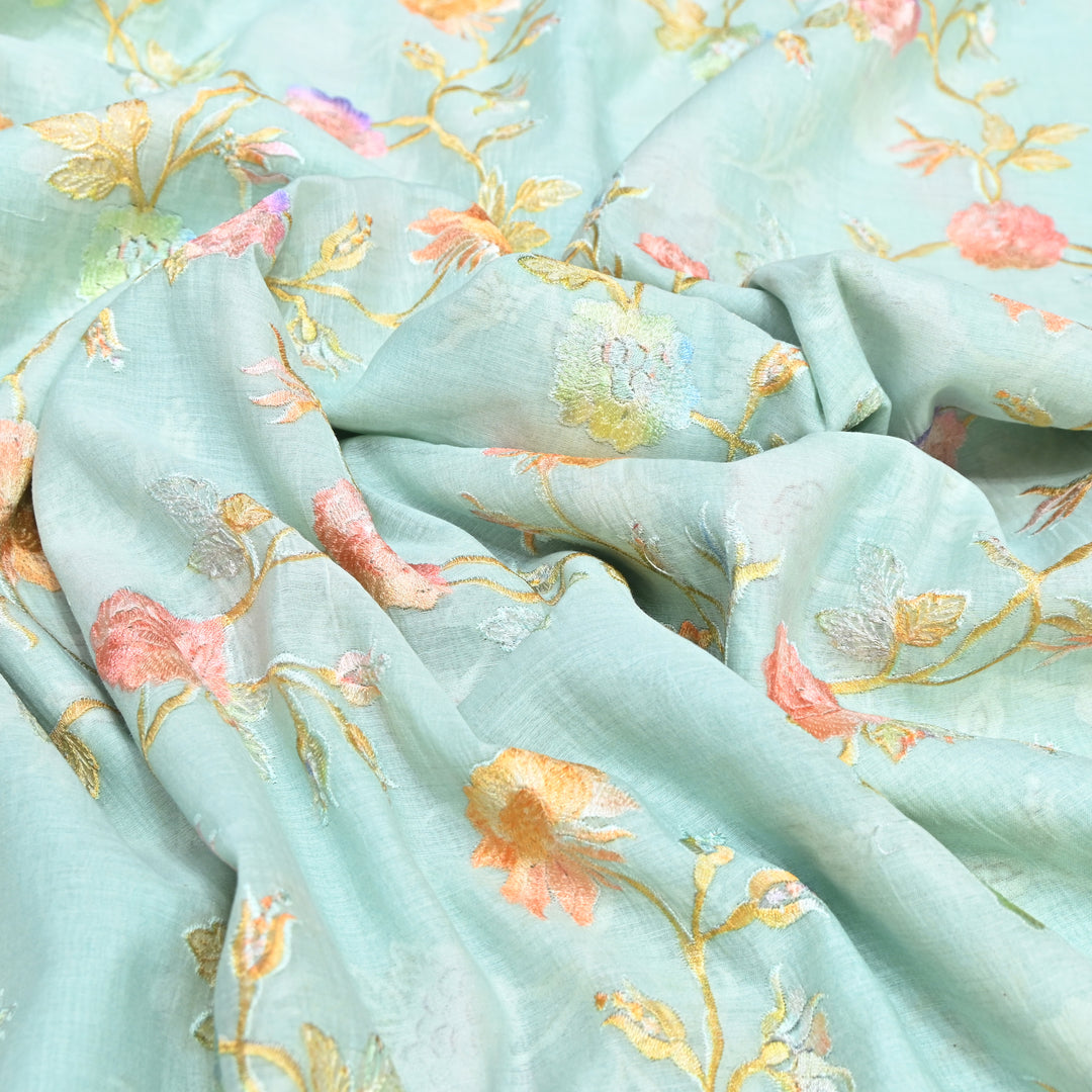 Mul Chanderi Thread Embroidery Fabric – Lightweight Elegant Designer Fabric- V2366C-04