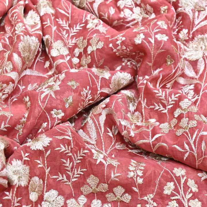 Peach Pink Color Mul Chanderi Thread Embroidery Fabric – Soft Lightweight Designer Fabric- SW2653-2