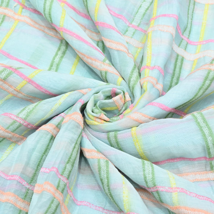 Sky Blye Color Mul Chanderi Thread Embroidery Fabric – Soft Lightweight Designer Fabric-V2189C-4
