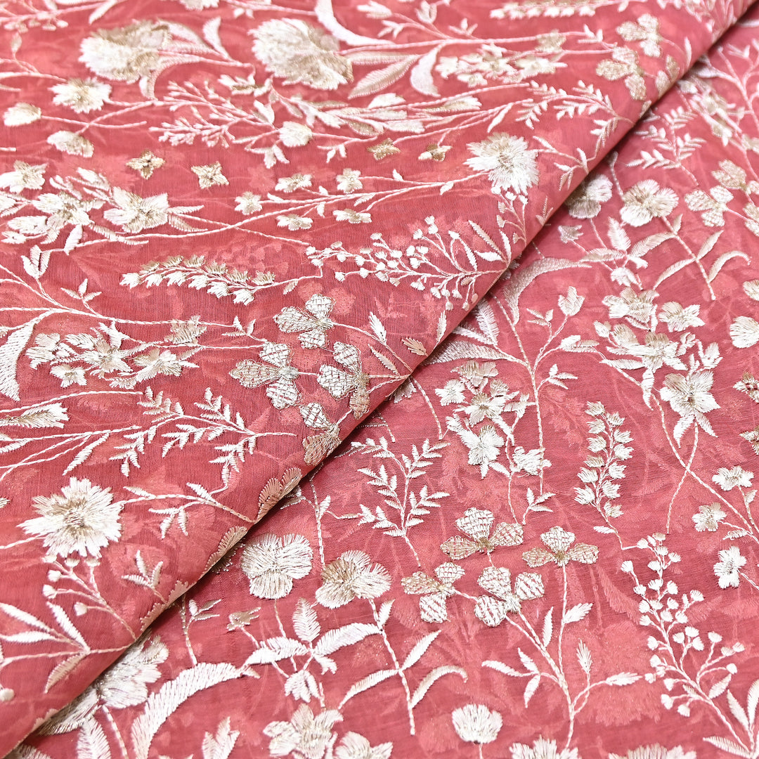 Peach Pink Color Mul Chanderi Thread Embroidery Fabric – Soft Lightweight Designer Fabric- SW2653-2
