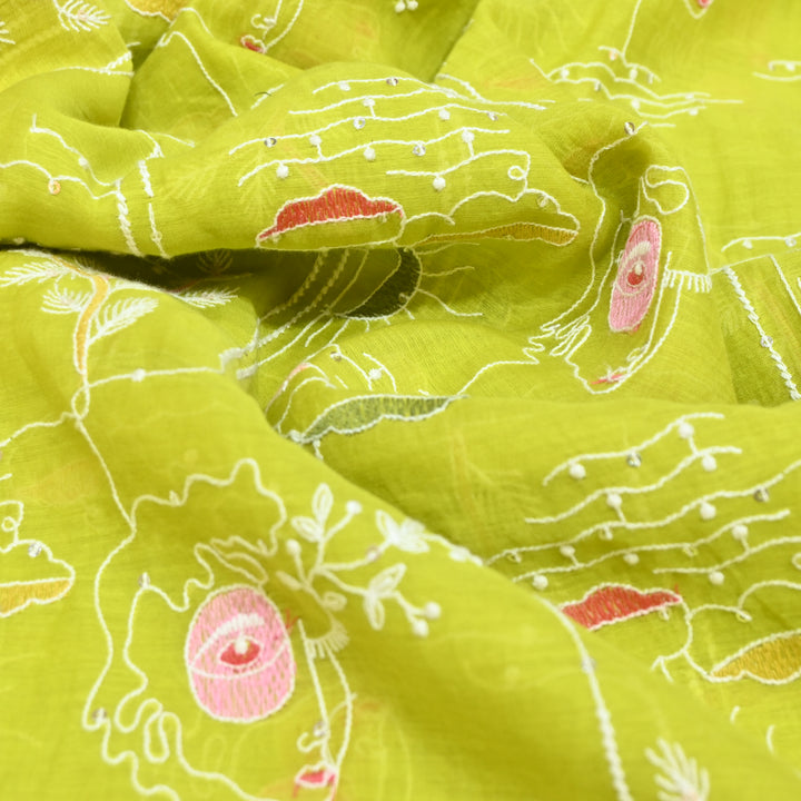 Lime Green Mul Chanderi Fabric with allover Sequins Thread Embroidery