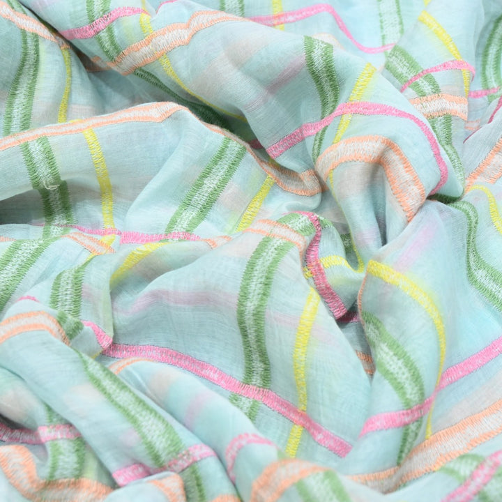 Sky Blye Color Mul Chanderi Thread Embroidery Fabric – Soft Lightweight Designer Fabric-V2189C-4