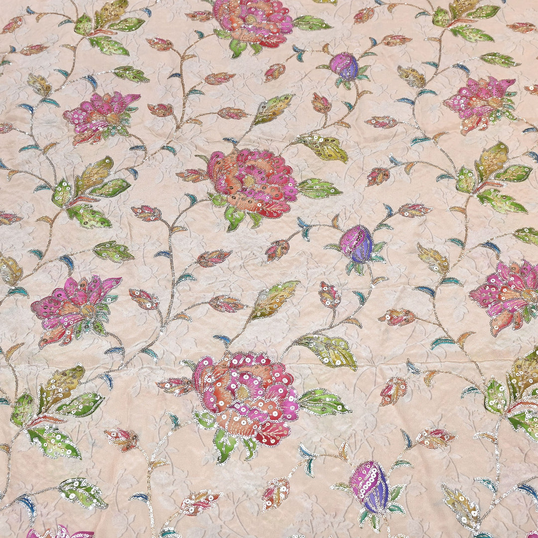 MultiColor Crepe Position Print Fabric with Zari & Sequins Embroidery - 102227-01