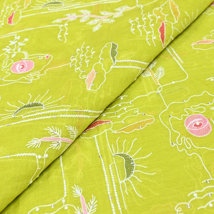 Lime Green Mul Chanderi Fabric with allover Sequins Thread Embroidery