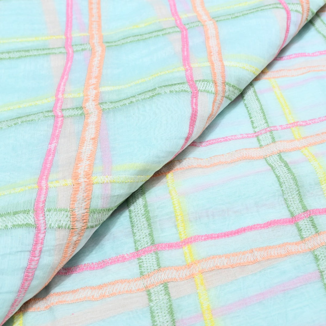 Sky Blye Color Mul Chanderi Thread Embroidery Fabric – Soft Lightweight Designer Fabric-V2189C-4