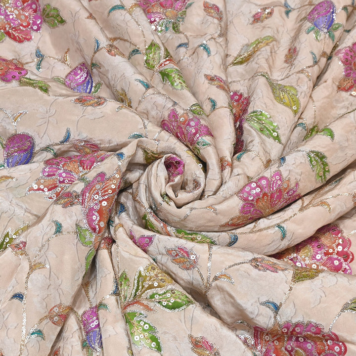 MultiColor Crepe Position Print Fabric with Zari & Sequins Embroidery - 102227-01