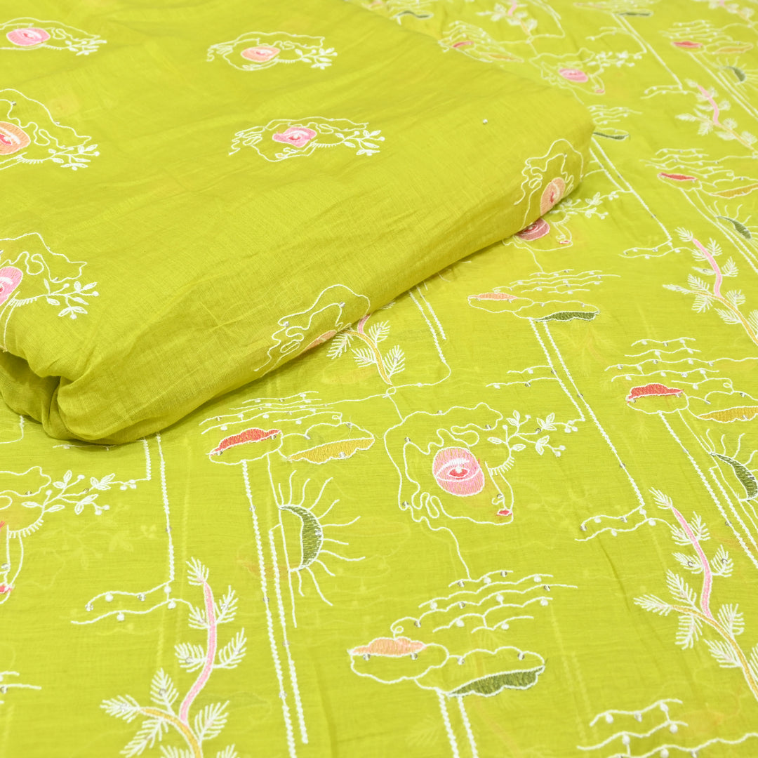 Lime Green Mul Chanderi Fabric with allover Sequins Thread Embroidery