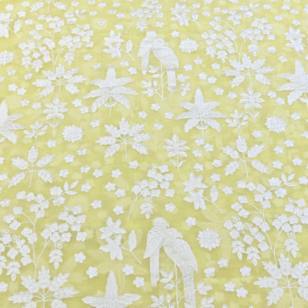 Lemon Yellow Color Mul Chanderi Thread Embroidery Fabric – Soft Lightweight Designer Fabric- SC0R270-1