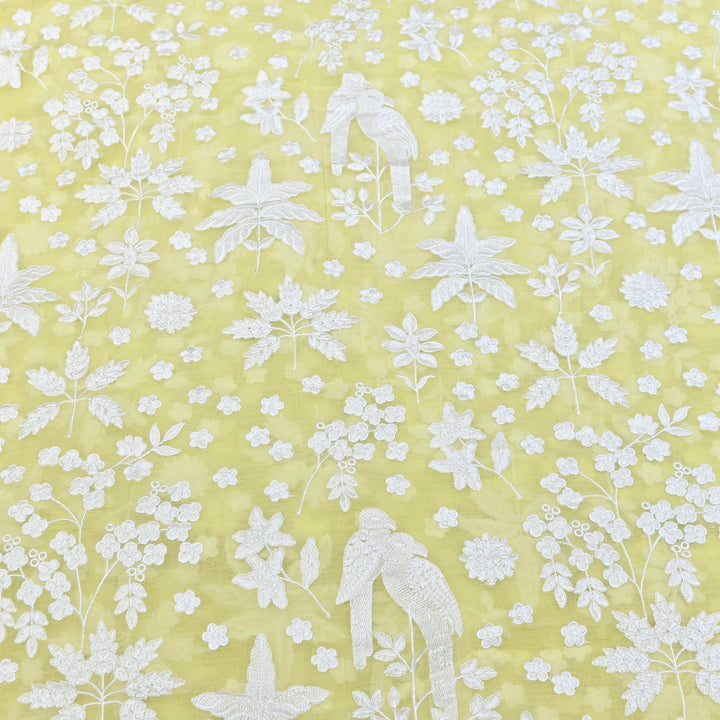 Lemon Yellow Color Mul Chanderi Thread Embroidery Fabric – Soft Lightweight Designer Fabric- SC0R270-1