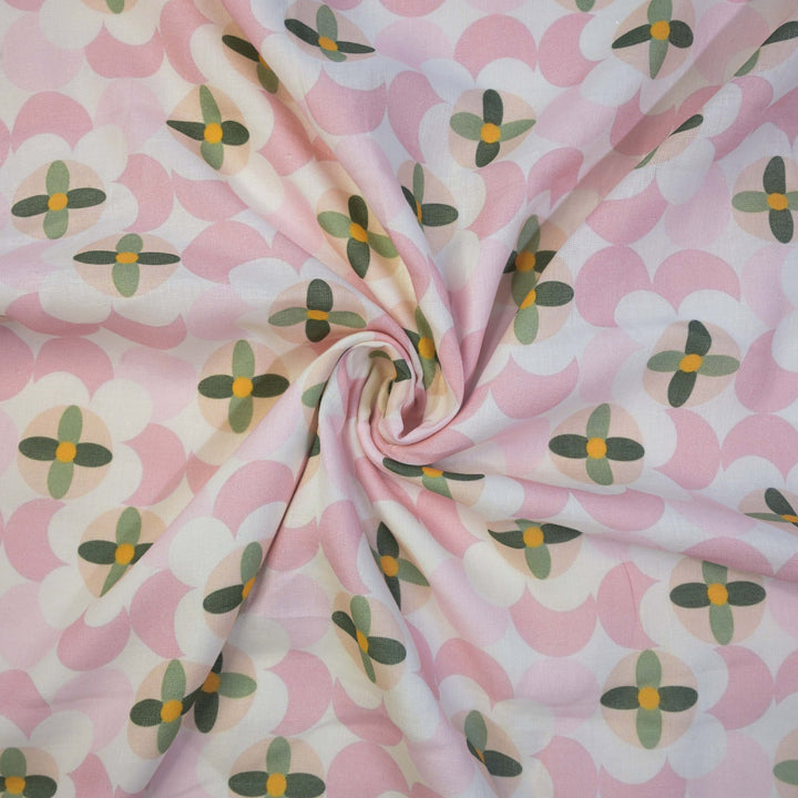 Baby Pink Floral Leafy Printed Pure Linen Fabric