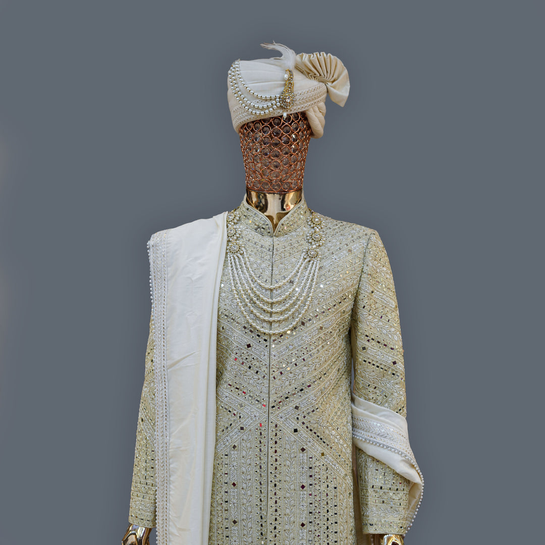 Warm Ivory Raw Silk Sherwani Set with Mirror Handwork Embroidery