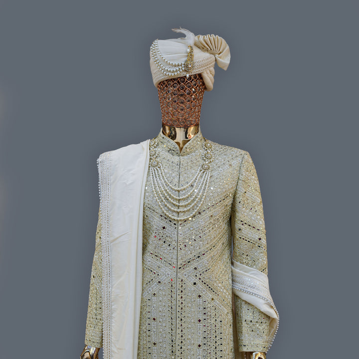 Warm Ivory Raw Silk Sherwani Set with Mirror Handwork Embroidery