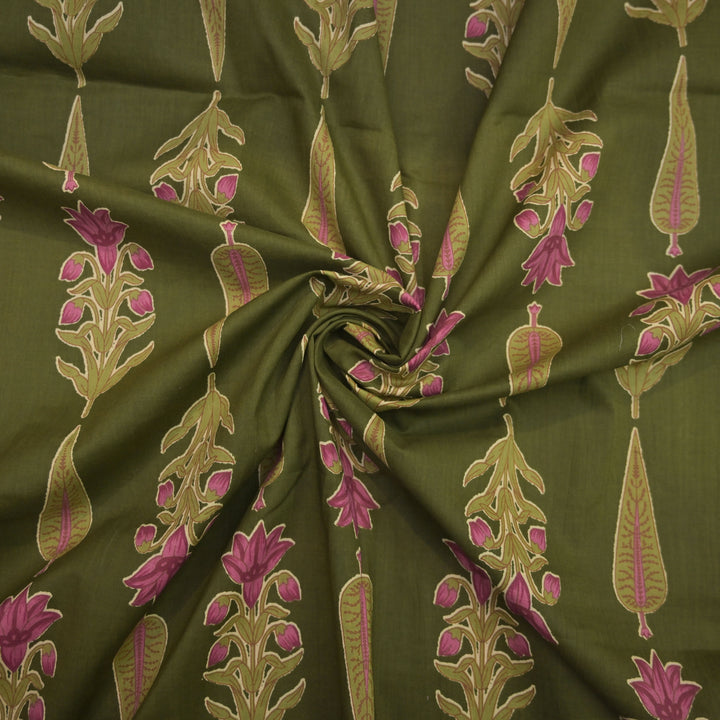 Olive Green Cotton Fabric in allover Floral Print