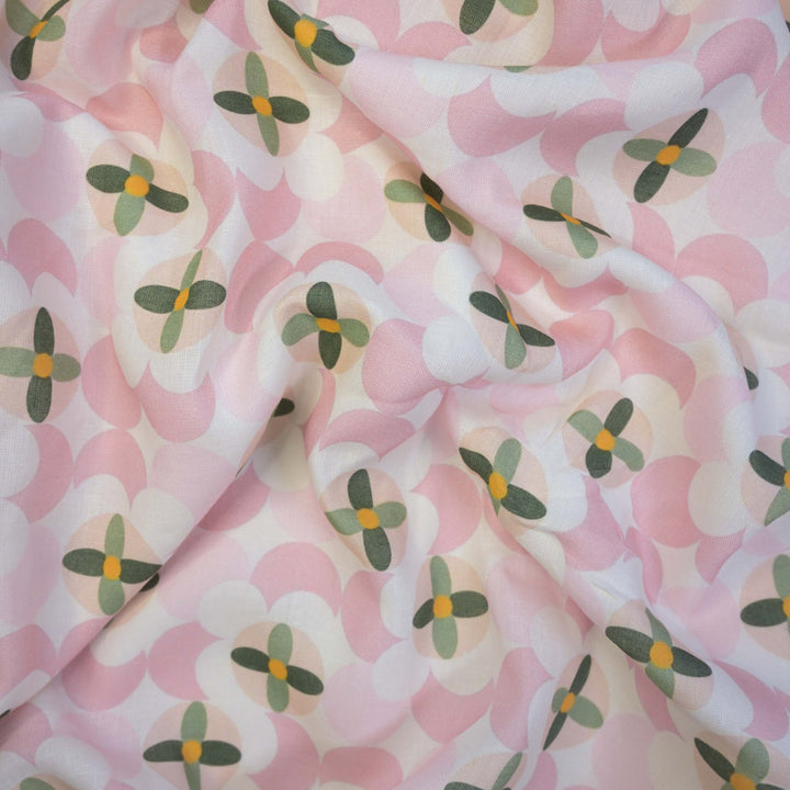 Baby Pink Floral Leafy Printed Pure Linen Fabric