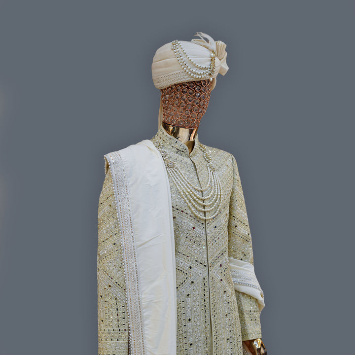 Warm Ivory Raw Silk Sherwani Set with Mirror Handwork Embroidery