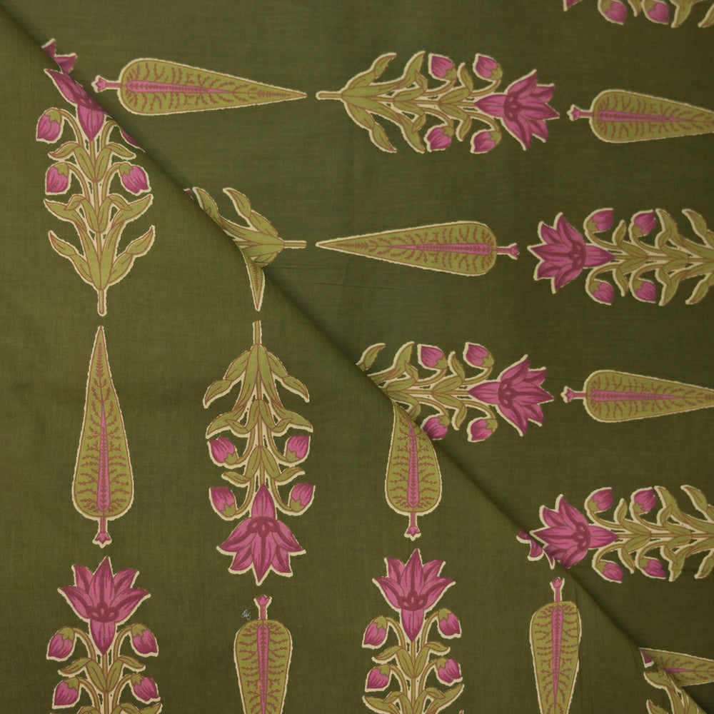 Green fabric with pink and gold floral embroidery pattern