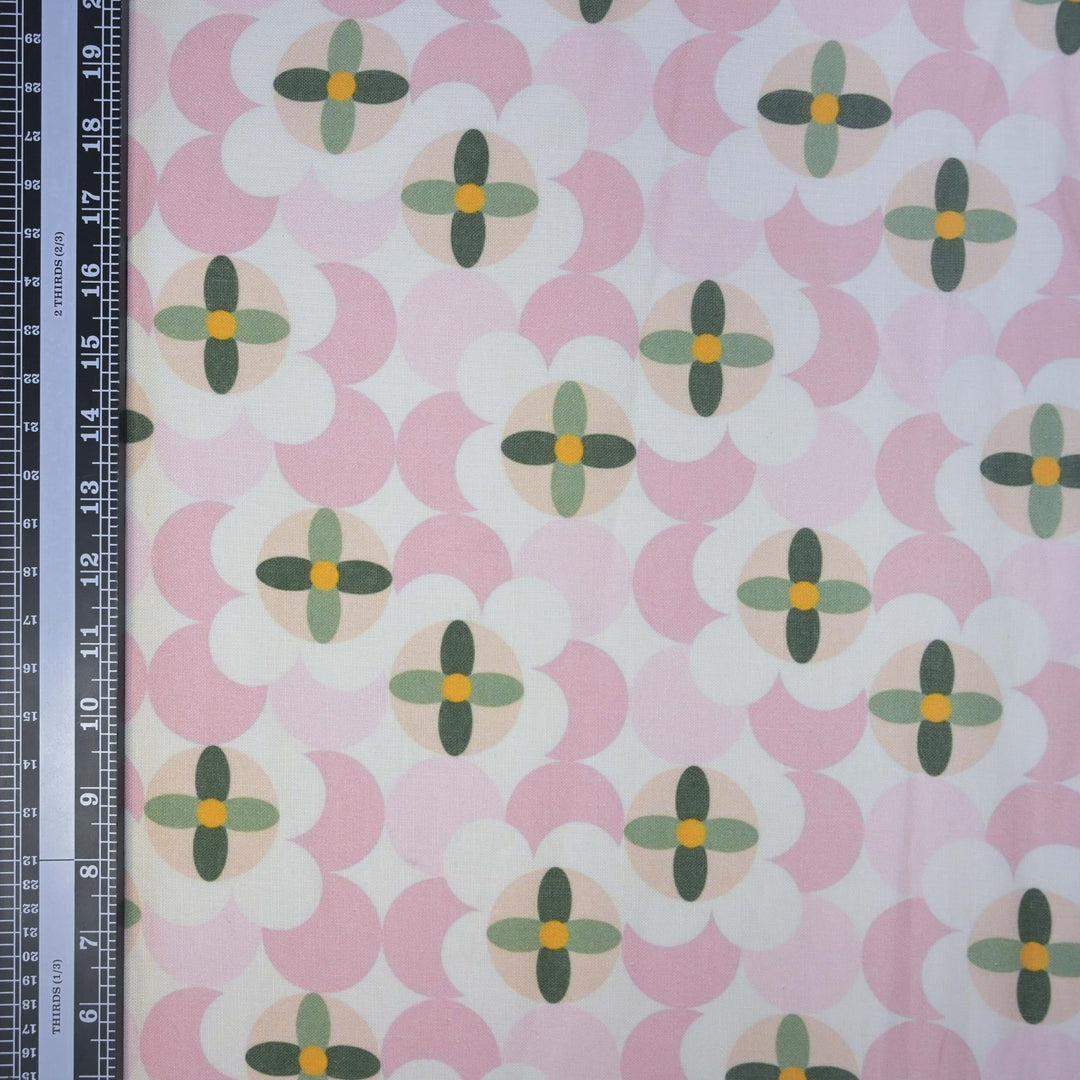 Baby Pink Floral Leafy Printed Pure Linen Fabric