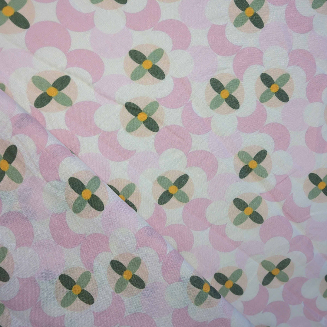 Baby Pink Floral Leafy Printed Pure Linen Fabric