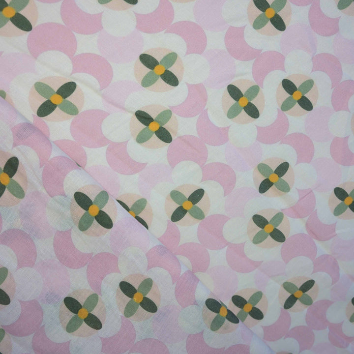 Baby Pink Floral Leafy Printed Pure Linen Fabric