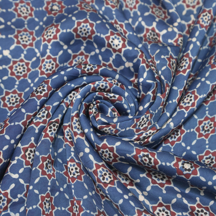 Indigo Blue Modal Satin Fabric in Digital Print