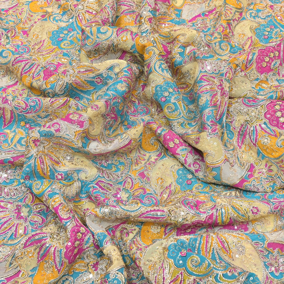 Viscose Georgette  Position Prints, Zari Sequin Embroidery Fabrics
