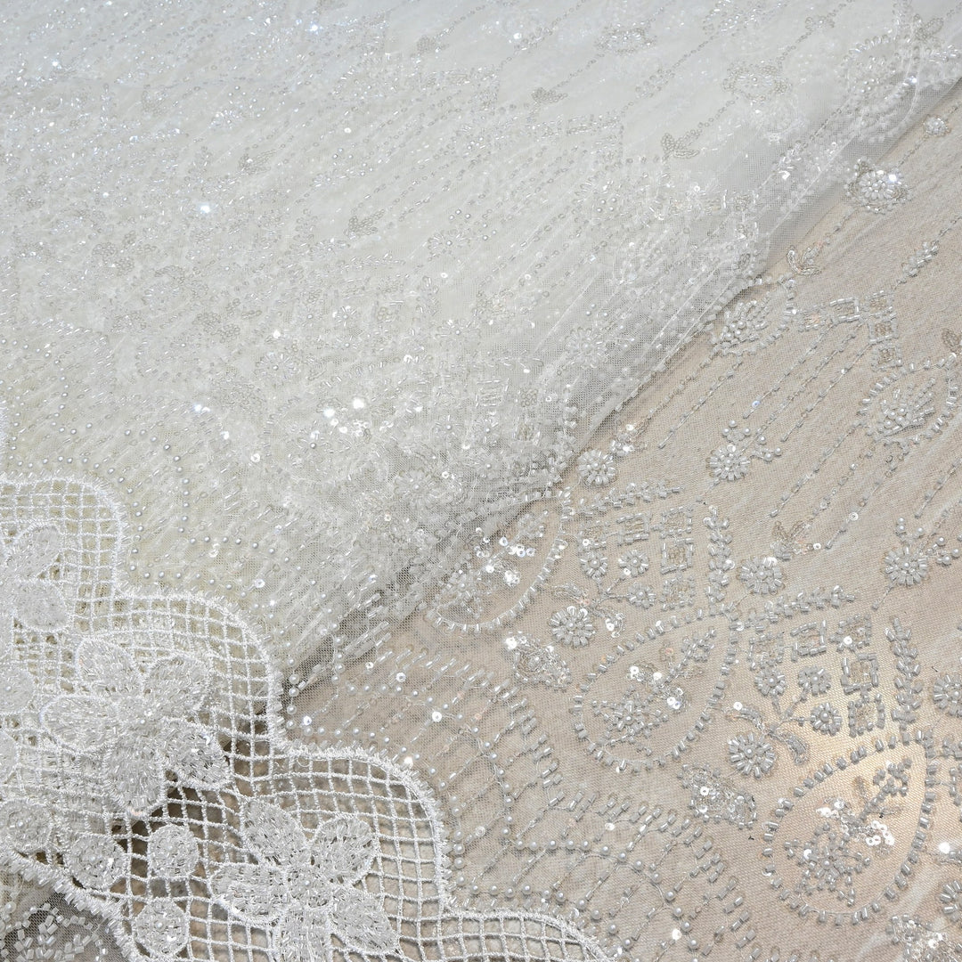 Premium Imported Heavy Moti, Beaded & Sequins Embroidered Net Fabric- 8828138-01
