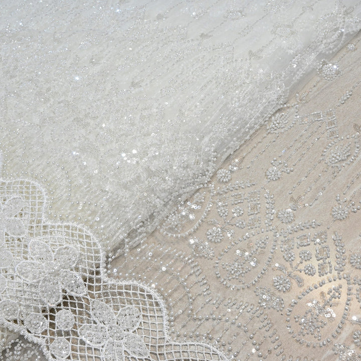 Premium Imported Heavy Moti, Beaded & Sequins Embroidered Net Fabric- 8828138-01