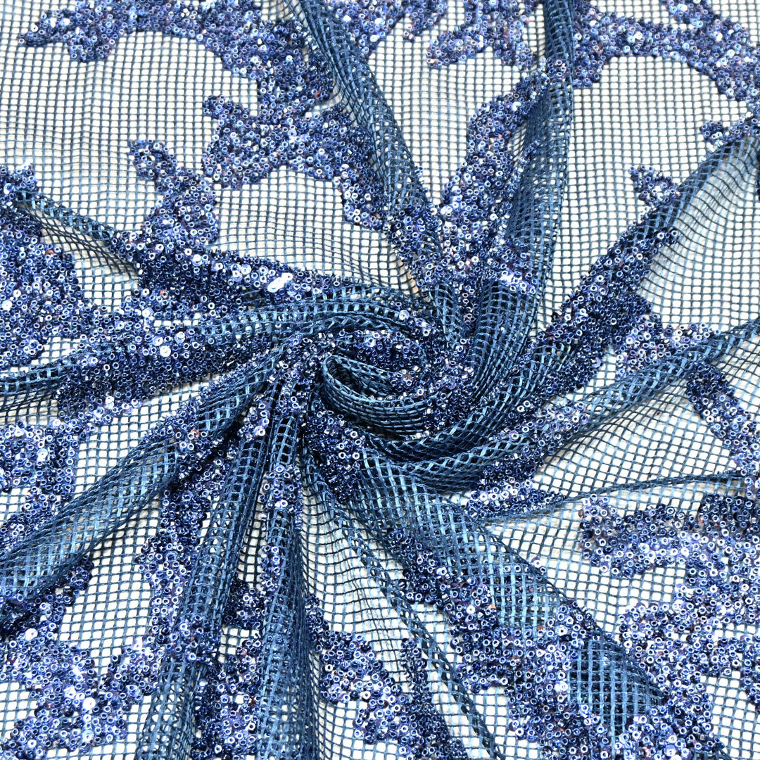Dusky Blue Color Imported Net Base Cut Dana Sequence Work Embroidery Fabric