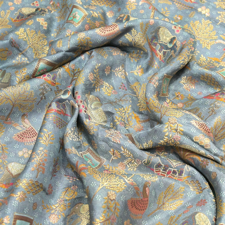 Dola Silk Position Print Zari Jacquard Fabrics