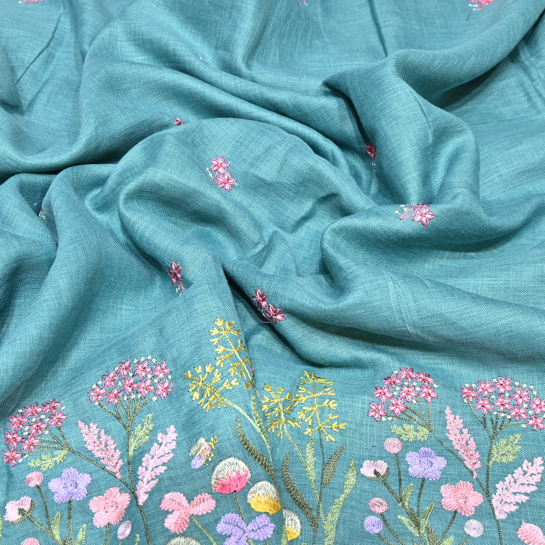 Floral Linen Thread Embroidered Designer Fabric - TF40161-3