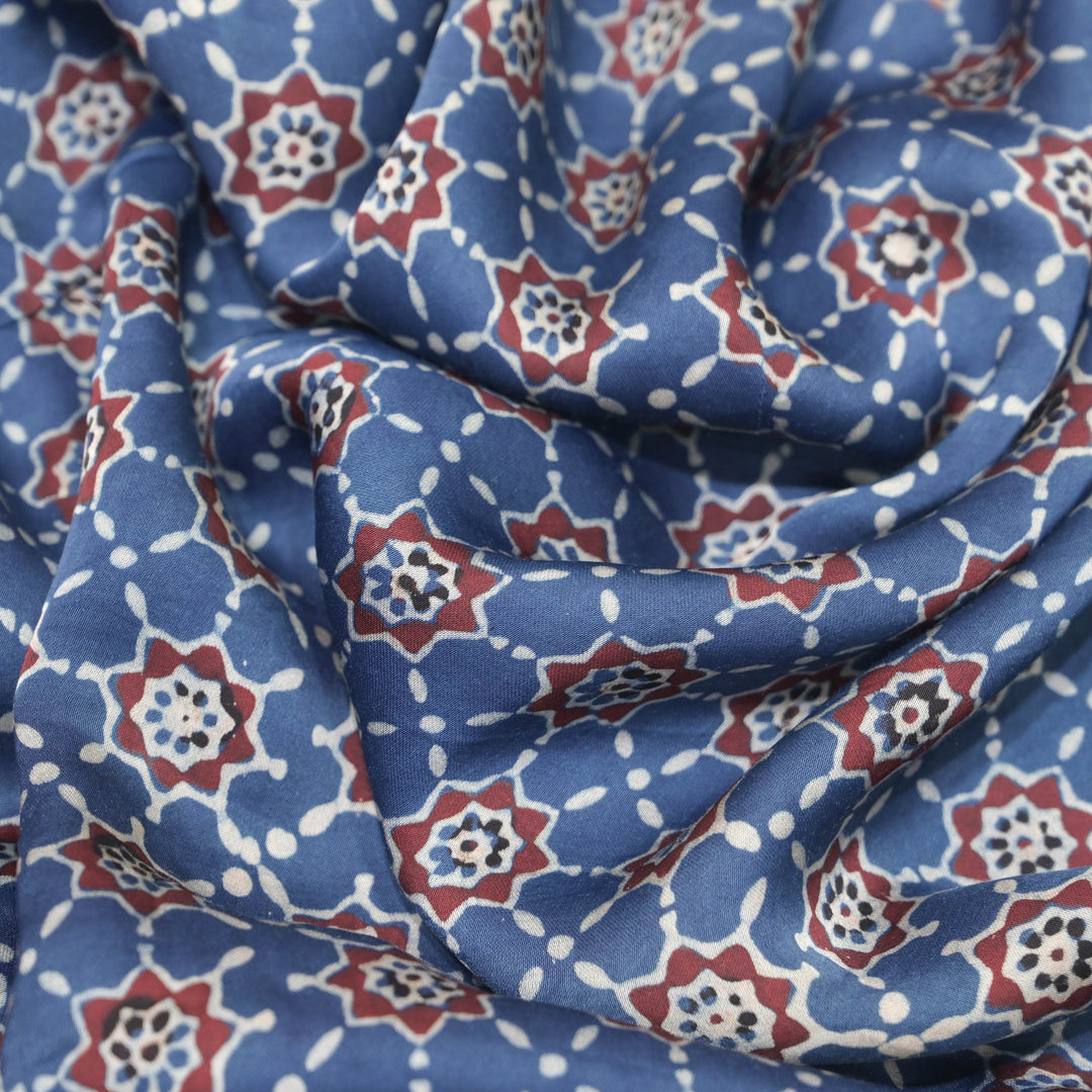 Indigo Blue Modal Satin Fabric in Digital Print