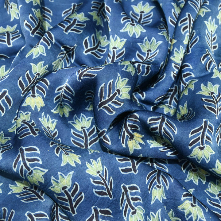 Deep Indigo Modal Satin Fabric in Digital Print.