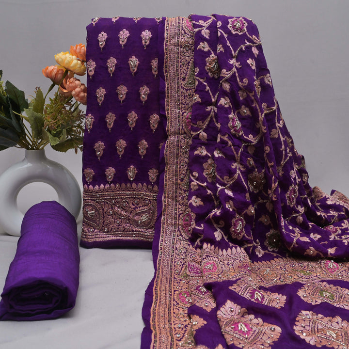 Purple Zari Embroidery Unstitched Suit Set