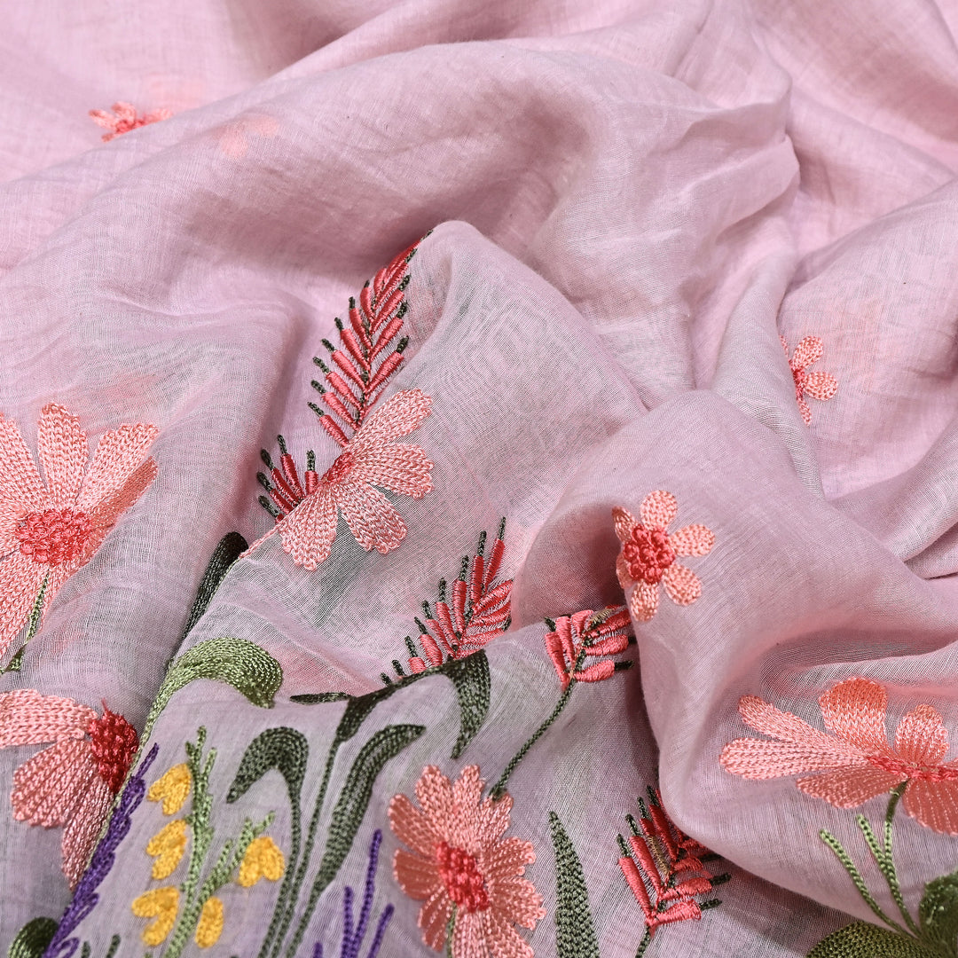 Mul Chanderi Floral Thread Embroidery Fabric – Soft Breathable Designer Fabric- V1659C-2