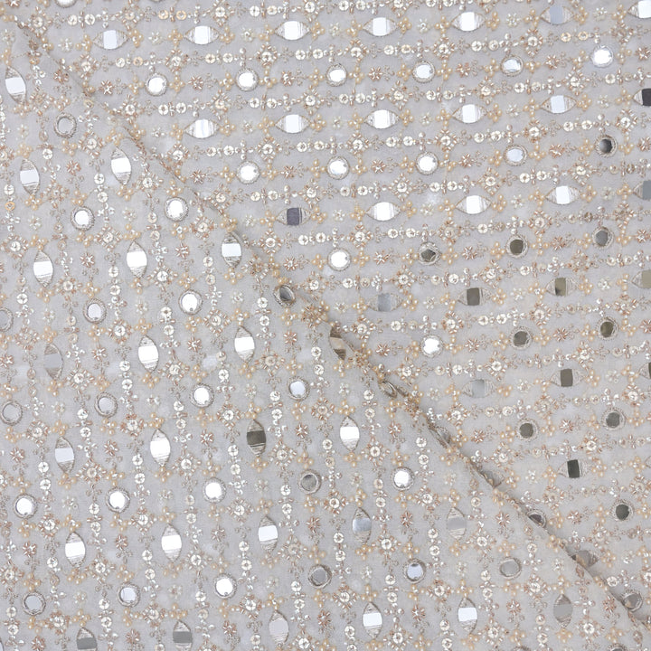 White Georgette Fabric with allover Mirrorwork, Zariwork & Pearl | 54859